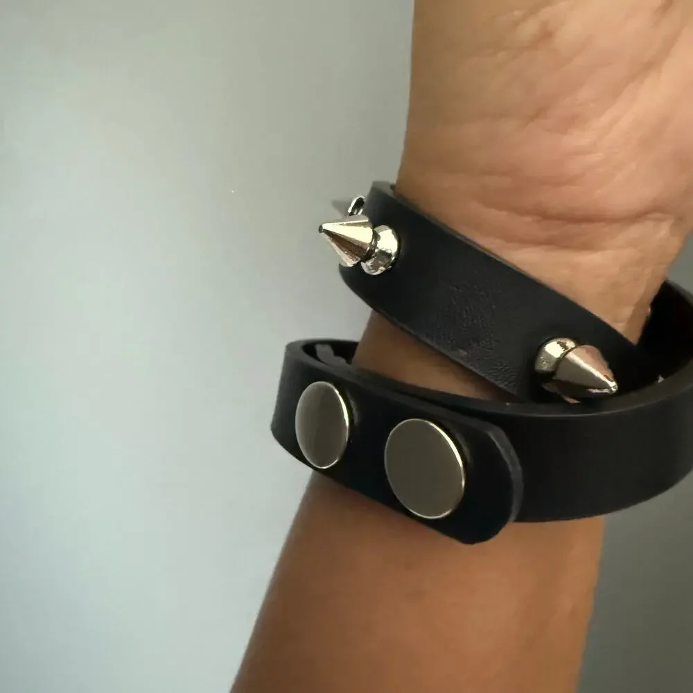 Set of 2 Black Leather Studded Spike Bracelets Punk Goth Rock Cuff Wrap